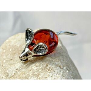 Sterling Silver 925 Amber Mouse Brooch Pin